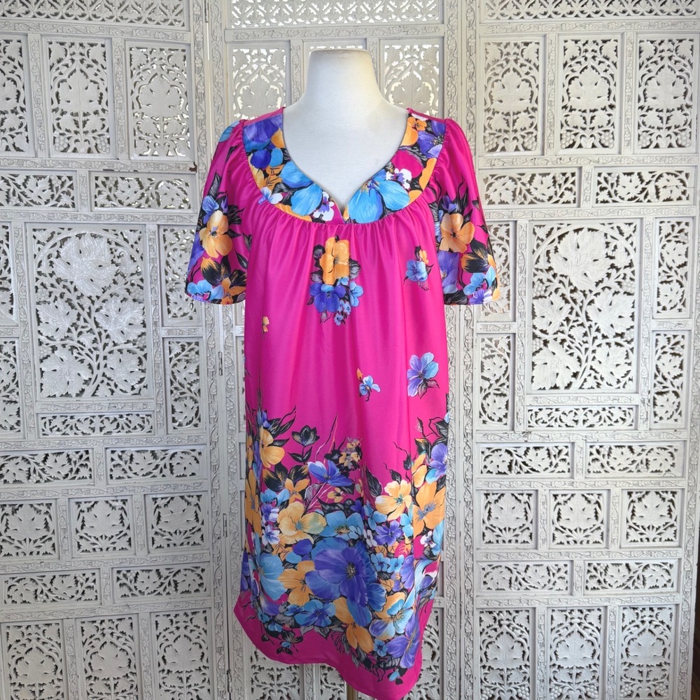 Vtg Deadstock Pink Floral Granny Caftan Nightgown Dress Womens Medium